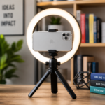 A modern smartphone on a tripod with a ring light, showing a person recording a video lesson, representing mobile course creation in 2026.