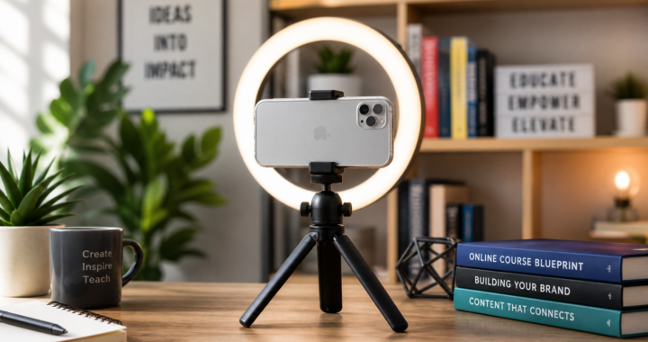 A modern smartphone on a tripod with a ring light, showing a person recording a video lesson, representing mobile course creation in 2026.