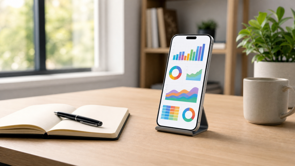 A person using a smartphone to update a spreadsheet on a clean desk, representing data entry and virtual admin freelance work from a phone in 2026.