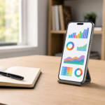 A person using a smartphone to update a spreadsheet on a clean desk, representing data entry and virtual admin freelance work from a phone in 2026.