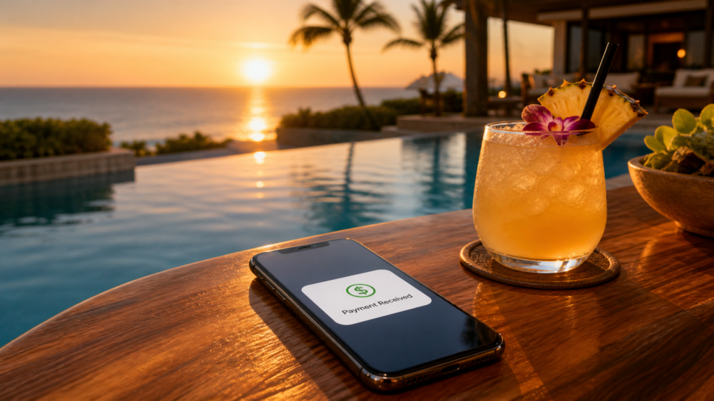 A serene, high-quality photograph of a smartphone lying on a luxury outdoor lounge chair next to a tropical pool, the screen showing a 'Payment Received' notification in a minimalist design.