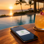 A serene, high-quality photograph of a smartphone lying on a luxury outdoor lounge chair next to a tropical pool, the screen showing a 'Payment Received' notification in a minimalist design.