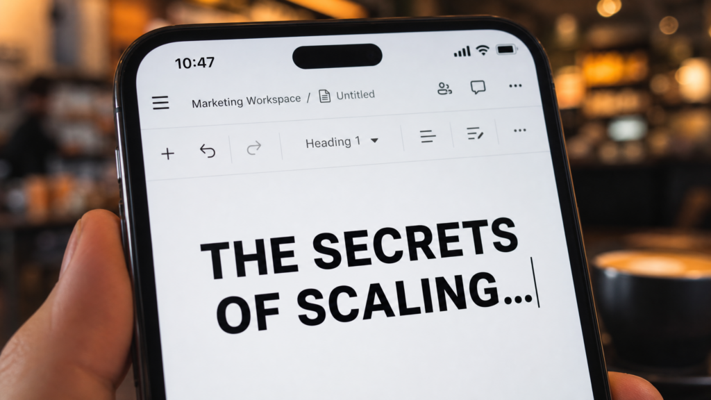 A close-up of a smartphone screen showing a punchy marketing headline being typed, representing freelance copywriting work in 2026.