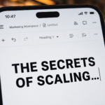 A close-up of a smartphone screen showing a punchy marketing headline being typed, representing freelance copywriting work in 2026.