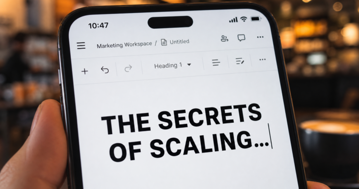 A close-up of a smartphone screen showing a punchy marketing headline being typed, representing freelance copywriting work in 2026.