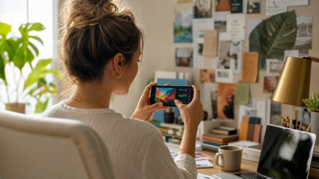 Person creating a freelance portfolio on a smartphone in a modern workspace, representing mobile freelancing.