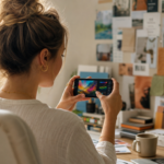 Person creating a freelance portfolio on a smartphone in a modern workspace, representing mobile freelancing.