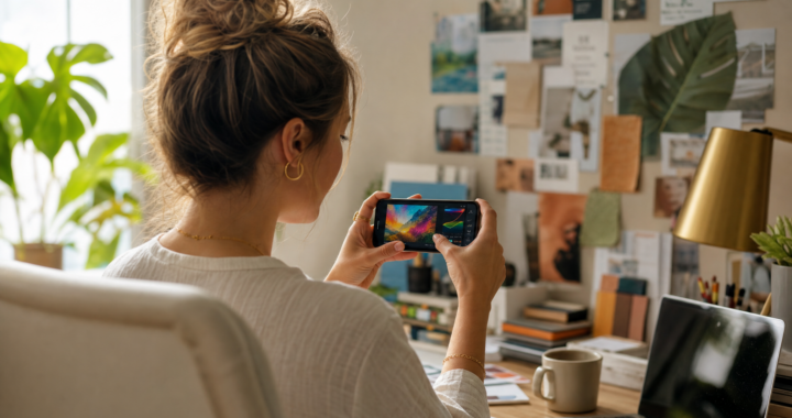 Person creating a freelance portfolio on a smartphone in a modern workspace, representing mobile freelancing.