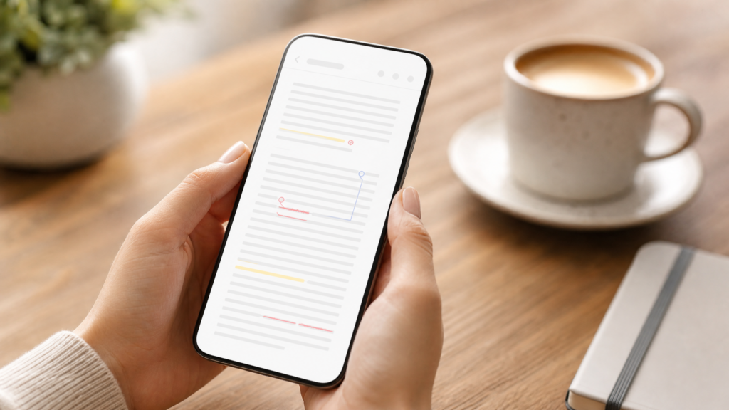 A person carefully reading text on a smartphone screen with a stylus or finger, representing freelance proofreading work from a phone in 2026.