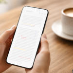 A person carefully reading text on a smartphone screen with a stylus or finger, representing freelance proofreading work from a phone in 2026.