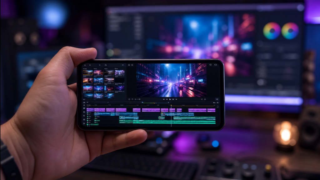 Close-up of a smartphone in landscape mode showing a professional video editing timeline with layers and color-graded footage in a modern workspace.