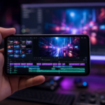 Close-up of a smartphone in landscape mode showing a professional video editing timeline with layers and color-graded footage in a modern workspace.