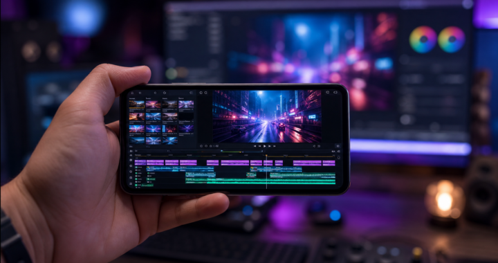 Close-up of a smartphone in landscape mode showing a professional video editing timeline with layers and color-graded footage in a modern workspace.