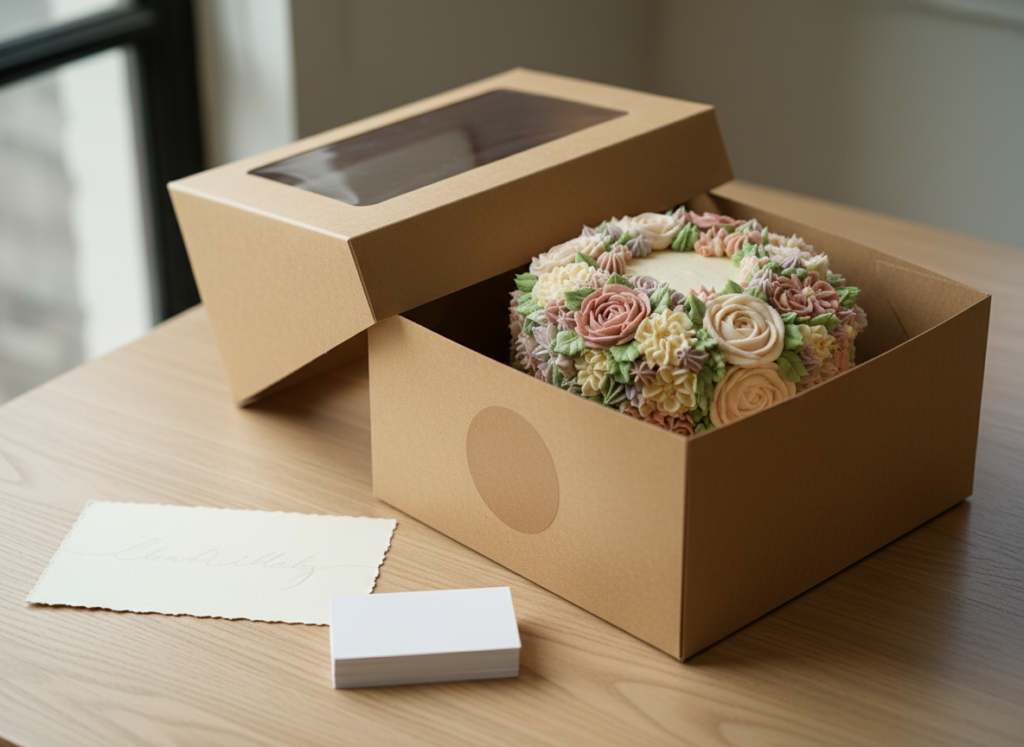 Professional floral buttercream cake in a kraft box with thank you card and business cards.