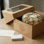 Professional floral buttercream cake in a kraft box with thank you card and business cards.