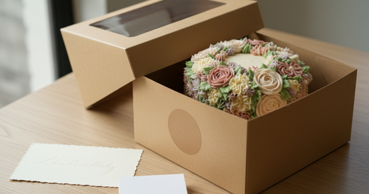 Professional floral buttercream cake in a kraft box with thank you card and business cards.