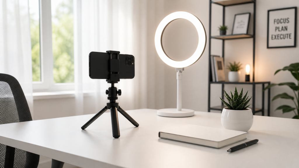 A bright, ultra-minimalist home office desk showing a smartphone on a small tripod, a ring light, and a single green plant.