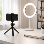 A bright, ultra-minimalist home office desk showing a smartphone on a small tripod, a ring light, and a single green plant.