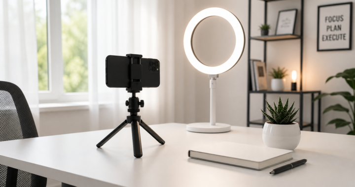 A bright, ultra-minimalist home office desk showing a smartphone on a small tripod, a ring light, and a single green plant.