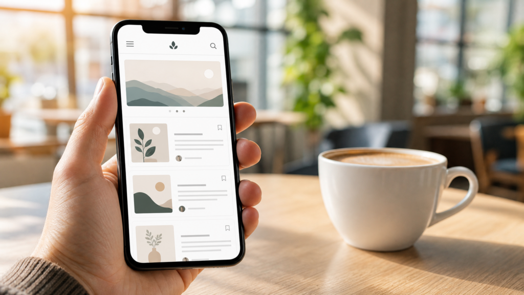 A modern smartphone held vertically, displaying a beautiful, clean WordPress blog structure with a minimalist layout, lying on a bright wooden workspace with a coffee cup.
