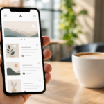 A modern smartphone held vertically, displaying a beautiful, clean WordPress blog structure with a minimalist layout, lying on a bright wooden workspace with a coffee cup.