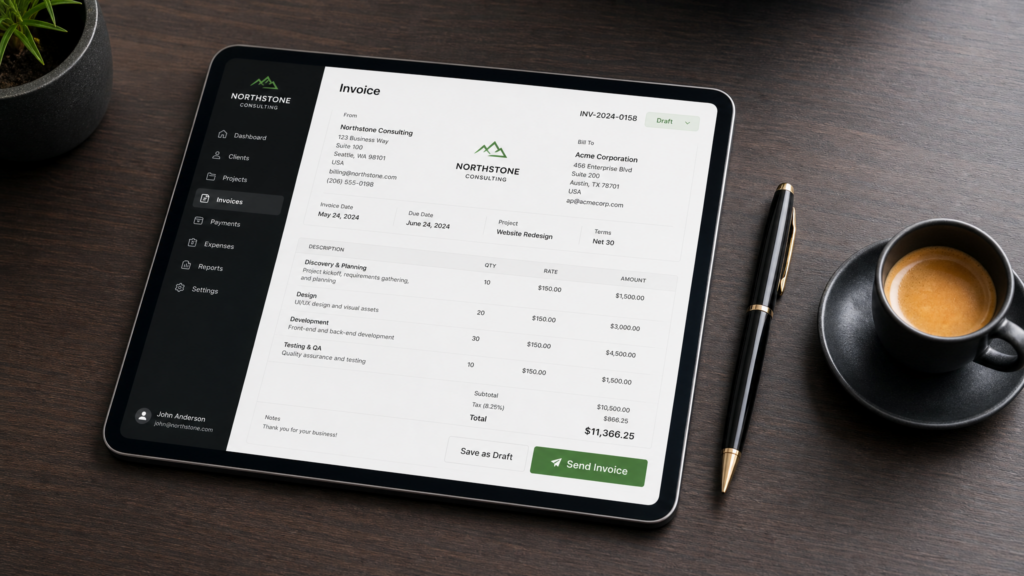 A professional-looking tablet or smartphone screen showing a clean, modern digital invoice with a "Send" button about to be pressed.
