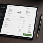 A professional-looking tablet or smartphone screen showing a clean, modern digital invoice with a "Send" button about to be pressed.