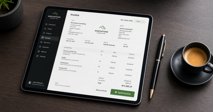 A professional-looking tablet or smartphone screen showing a clean, modern digital invoice with a "Send" button about to be pressed.