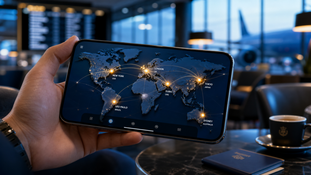 A modern smartphone showing a world map with several glowing connection points, held by a person in a bright cafe, representing global business.