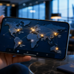 A modern smartphone showing a world map with several glowing connection points, held by a person in a bright cafe, representing global business.