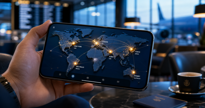 A modern smartphone showing a world map with several glowing connection points, held by a person in a bright cafe, representing global business.