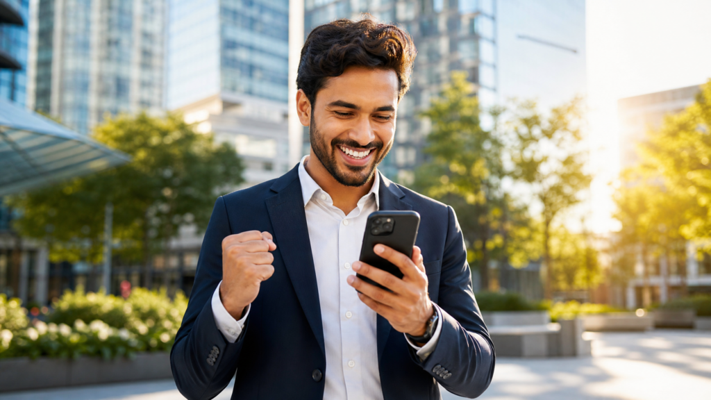 An enthusiastic person outdoors in a modern city setting, looking at their smartphone with an expression of pure joy and success, representing landing a new client.