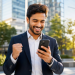 An enthusiastic person outdoors in a modern city setting, looking at their smartphone with an expression of pure joy and success, representing landing a new client.