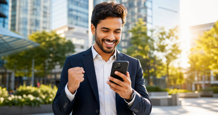 An enthusiastic person outdoors in a modern city setting, looking at their smartphone with an expression of pure joy and success, representing landing a new client.