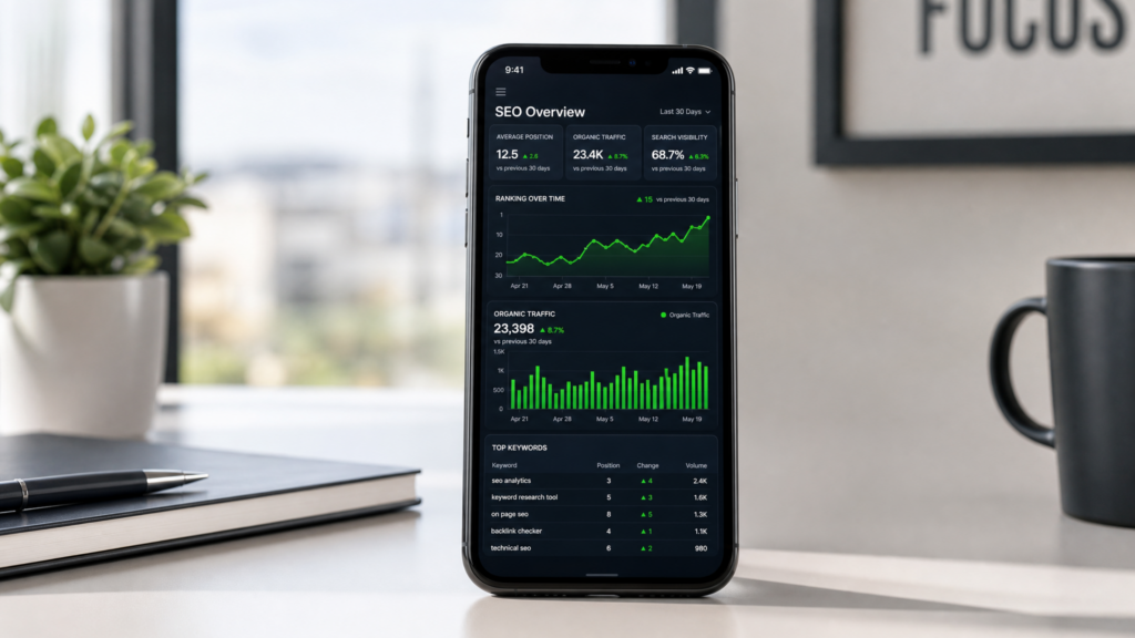 A smartphone screen showing a colorful SEO analytics dashboard with rising charts and ranking data, propped up on a clean office desk.