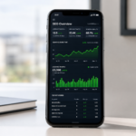 A smartphone screen showing a colorful SEO analytics dashboard with rising charts and ranking data, propped up on a clean office desk.
