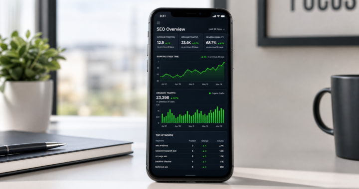 A smartphone screen showing a colorful SEO analytics dashboard with rising charts and ranking data, propped up on a clean office desk.