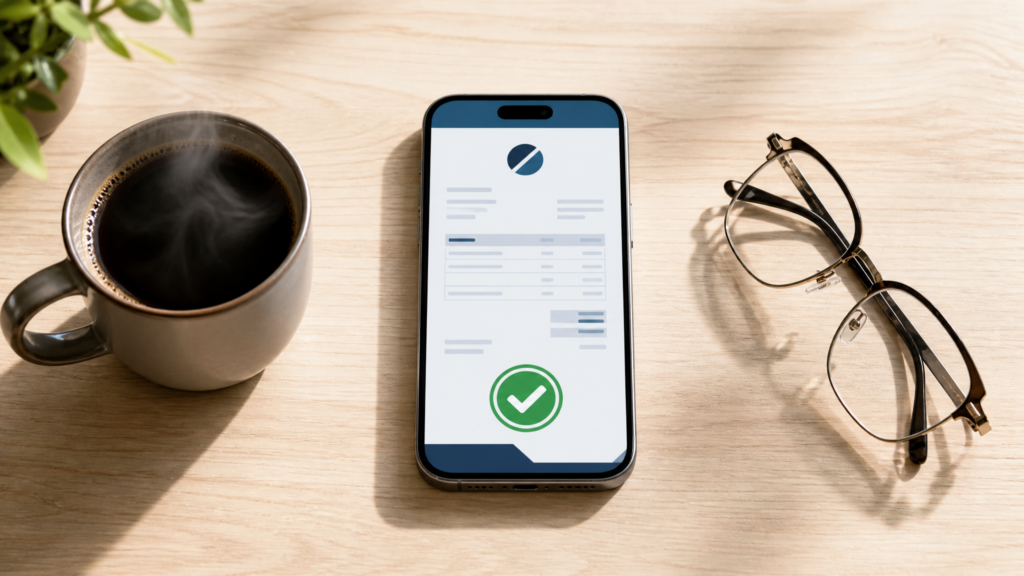 A professional-looking smartphone screen showing a clean invoice with a "Paid" status, next to a cup of coffee on a wooden desk.