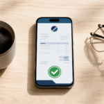 A professional-looking smartphone screen showing a clean invoice with a "Paid" status, next to a cup of coffee on a wooden desk.