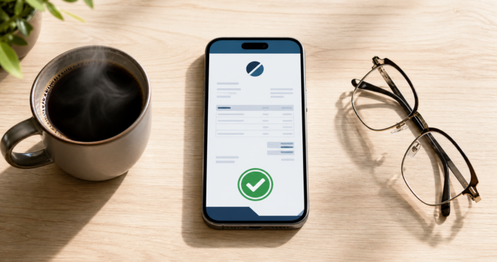 A professional-looking smartphone screen showing a clean invoice with a "Paid" status, next to a cup of coffee on a wooden desk.