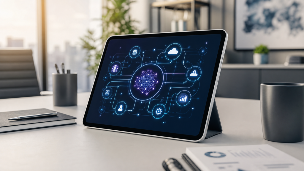 A sleek tablet on a minimalist office desk displaying a sophisticated AI architecture diagram with nodes and cloud connections, representing AI consultancy for professionals.