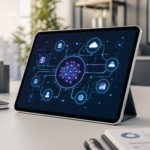 A sleek tablet on a minimalist office desk displaying a sophisticated AI architecture diagram with nodes and cloud connections, representing AI consultancy for professionals.