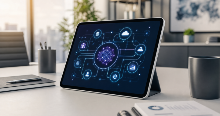 A sleek tablet on a minimalist office desk displaying a sophisticated AI architecture diagram with nodes and cloud connections, representing AI consultancy for professionals.