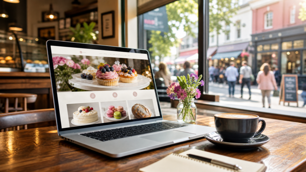 A professional meeting in a local cafe, a modern laptop showing a high-end local business website, symbolizing a local marketing agency owner meeting a client.