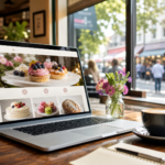 A professional meeting in a local cafe, a modern laptop showing a high-end local business website, symbolizing a local marketing agency owner meeting a client.