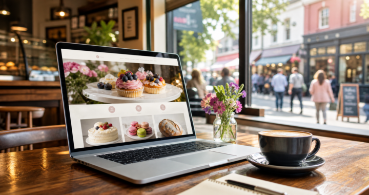 A professional meeting in a local cafe, a modern laptop showing a high-end local business website, symbolizing a local marketing agency owner meeting a client.