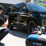 A professional car detailer in a clean uniform using a smartphone to take a photo of a sparkling clean car interior in a sunny driveway.