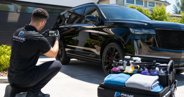 A professional car detailer in a clean uniform using a smartphone to take a photo of a sparkling clean car interior in a sunny driveway.