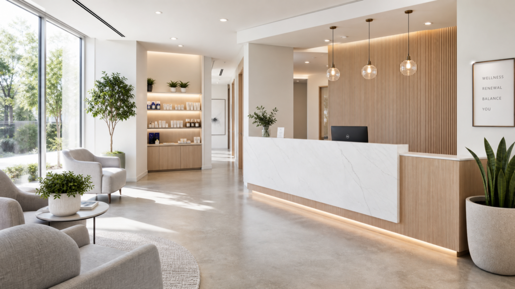 Modern, retail-style reception area of a Chiropractic clinic with a clean, professional aesthetic and welcoming atmosphere.
