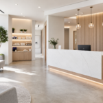 Modern, retail-style reception area of a Chiropractic clinic with a clean, professional aesthetic and welcoming atmosphere.